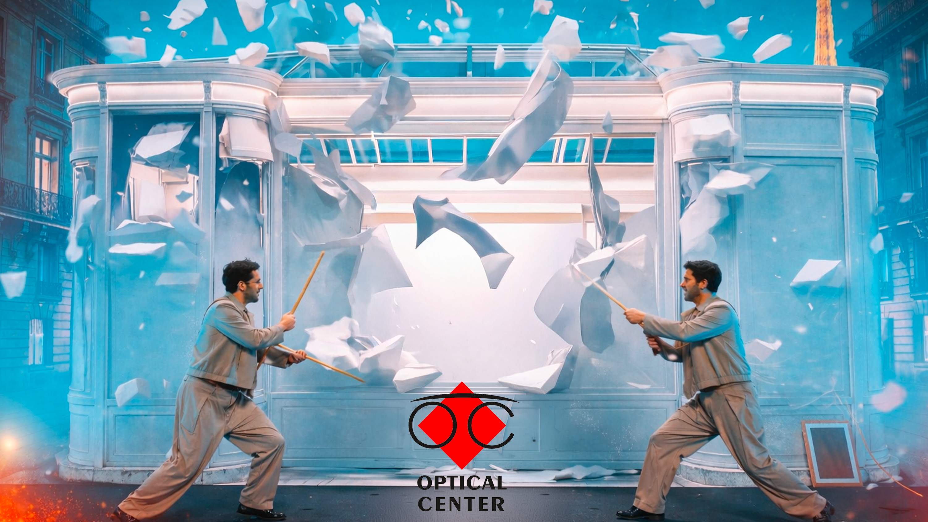 A magician on a corporate-branded stage.