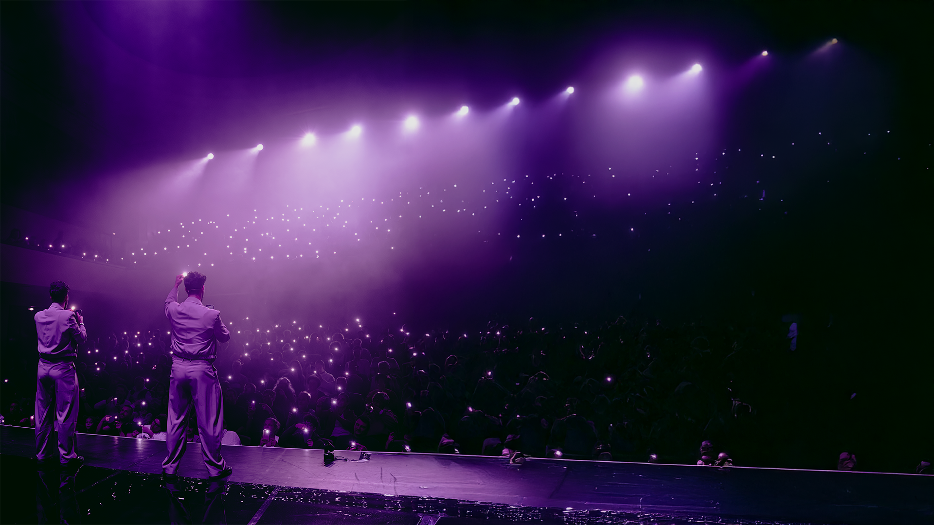 An audience on its feet at a stage finale.